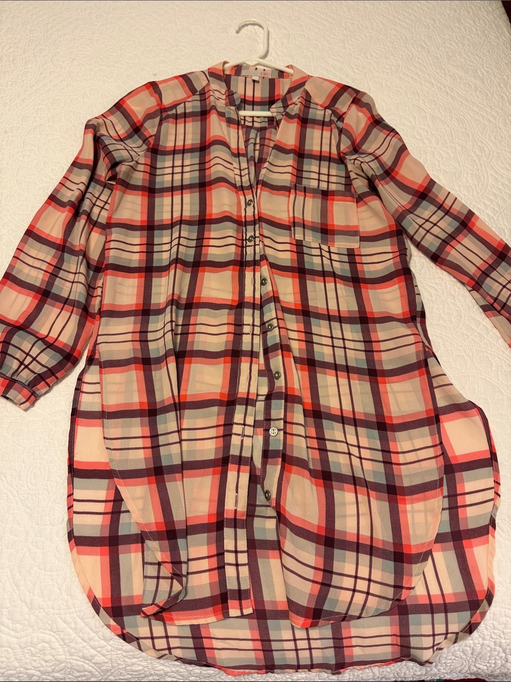 Gianni Bini Pink Cream & Red Plaid Button-Down Shirt Dress